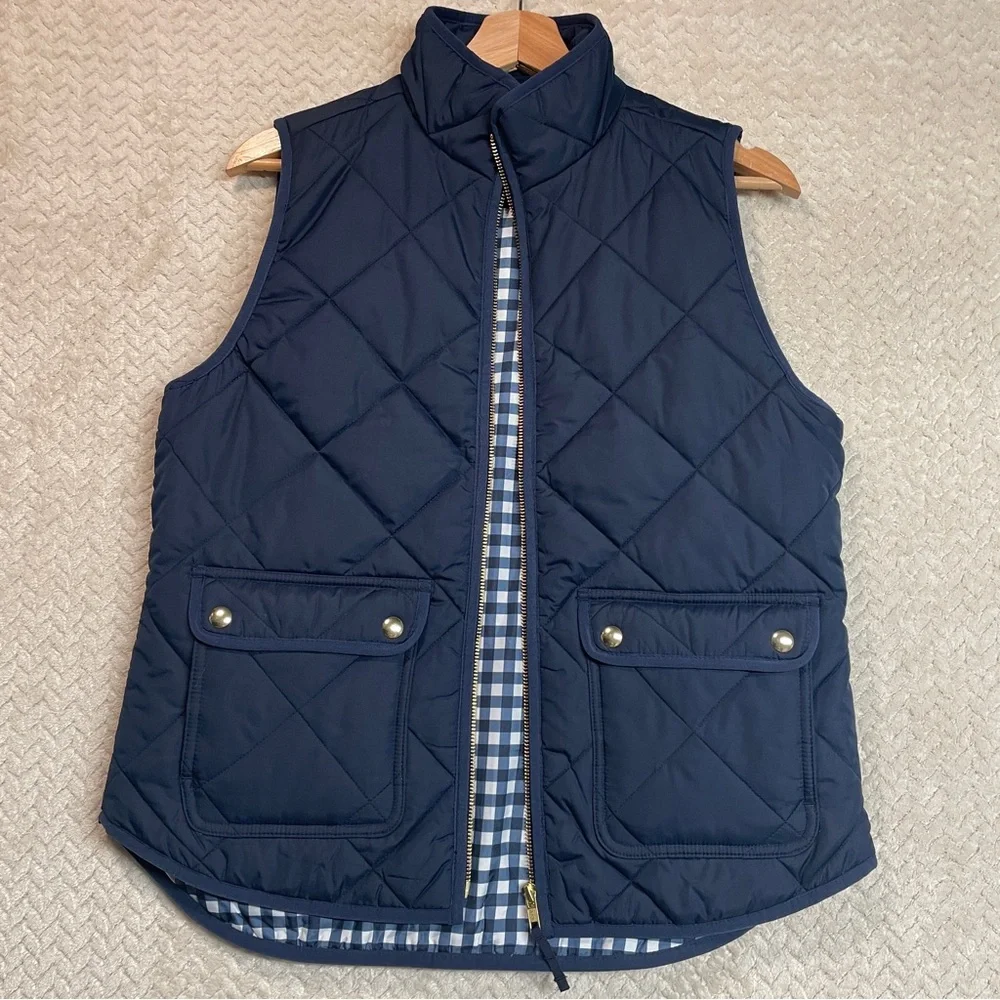 J.Crew Womens S‎ Navy Blue Puffer Zip Up Vest Gingham Print Snap Buttons Preppy